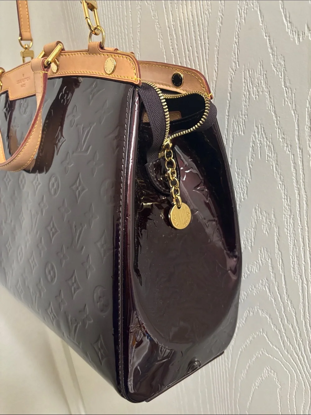 Louis Vuitton Patent Monogram Satchel in Deep Burgundy with Vachetta Trim